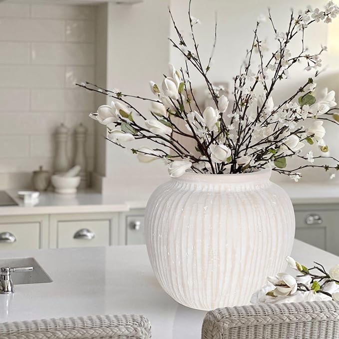 Oakrain Large Rustic Minimalist Vase, 11" Distressed Round Floor Vase for Home Decor, Farmhouse Decorative Centerpieces for Living Room Bedroom, Vintage White