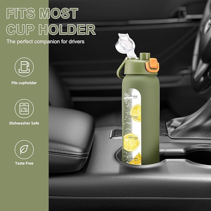 24 oz Glass Water Bottles with 2 Lids-Handle Spout Lid & Straw Lid, Motivational Water Bottle with Time Marker and Silicone Sleeve,Leakproof-Army Green-1 Pack