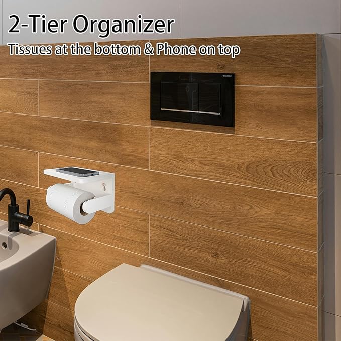 Drill-Free Toilet Paper Holder with Phone Shelf Bamboo Wall-Mounted, No-Drill & Drillable, Bathroom Storage Organizer, Space Saver Tissue Roll Rack for Bathroom, Kitchen, Home Decor (White)