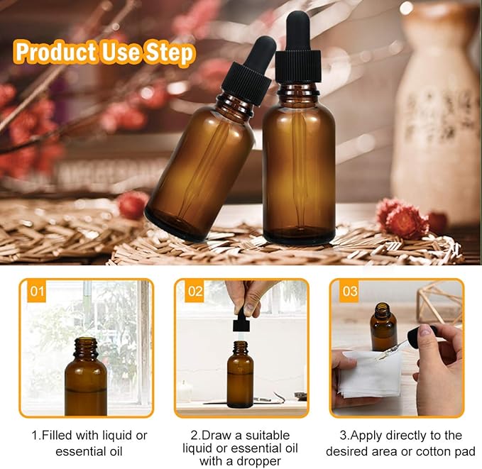 June Fox 99 Pack 1oz Amber Glass Dropper Bottles with Glass Droppers and Black Cap for Essential Oils, Lab Chemicals, Perfumes