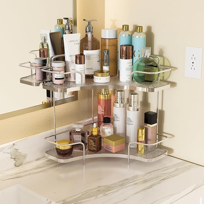 FOLLOWIN 2 Tier Bathroom Countertop Corner Organizer,Countertop Perfume Tray,Vanity Counter Shelf,Skincare Makeup Cosmetic Vanity Organizers,Silver