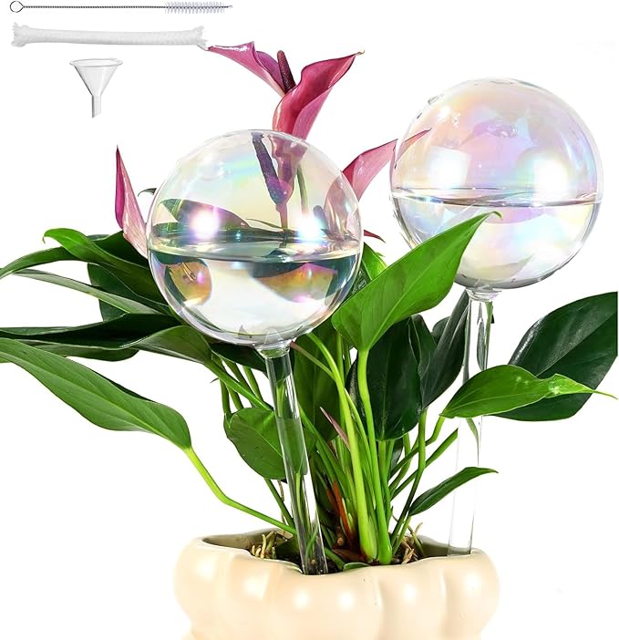 13 oz Up to 15 Days Extra Large Plant Watering Globes 2PCS, Light Iridescent Glass Self Water Bulbs for Indoor Outdoor Plants, Vacation Automatic Planter Waterer System Self-Watering Stakes