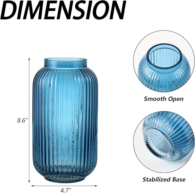 Ribbed Glass Vase, Blue Flower Vase for Bouquet, Glass Vases for Flowers, Modern Vases for Living Room, Bedroom, Kitchen, Dining Table, Office, Wedding, 8.6 Inches