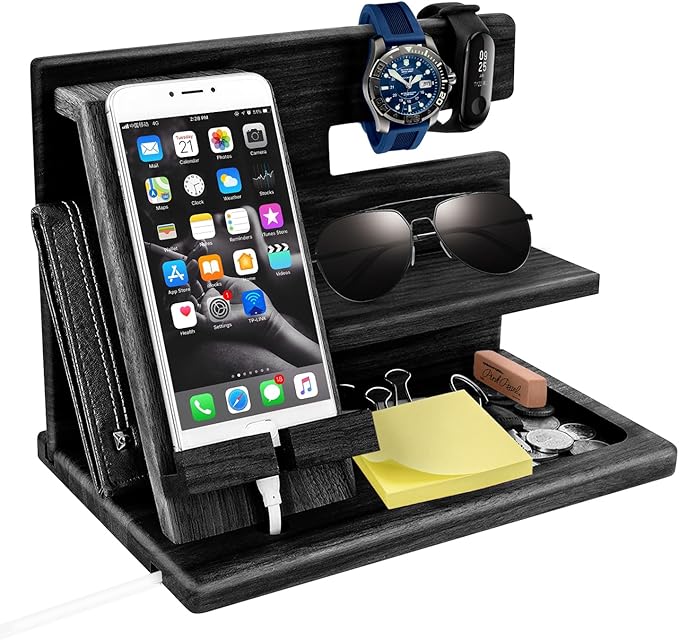 Gifts for Men Christmas, Wood Phone Docking Station, Mens Gifts for Birthday or Gifts for Dad Fathers Day, Desk Workspace Organizer Nightstand Organizer Key for Wallet & Watch Holder Husband Christmas