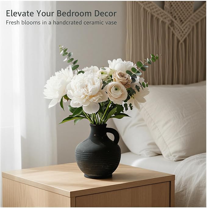 6-Inch Black Ceramic Flower Vase with Handles, Rustic Farmhouse Boho Pottery Centerpiece for Table, Living Room, Shelf & Mantel