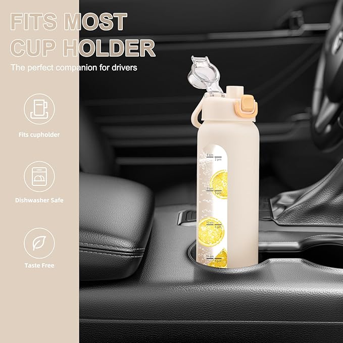 24 oz Glass Water Bottles with 2 Lids-Handle Spout Lid & Straw Lid, Motivational Water Bottle with Time Marker and Silicone Sleeve,Leakproof-White-1 Pack