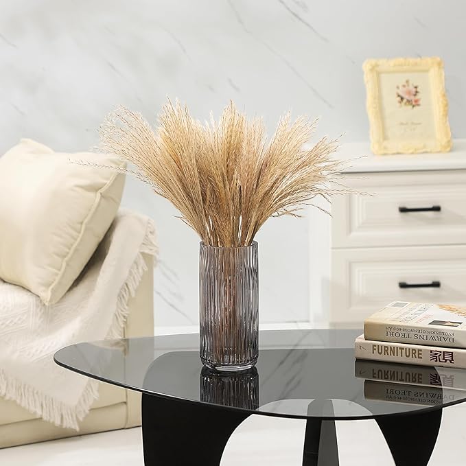 Ribbed Black Glass Vase - 8 Inch Modern Ribbed Vase for Flowers, Living Room, Bathroom, Dining Table, Office, Wedding, Centerpieces