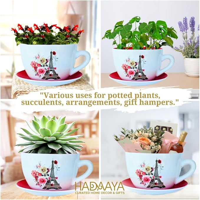 7.5" Ceramic Teacup Planter Pot with Saucer | Ideal for Succulents, Orchids, Herbs & Flowers | Indoor & Outdoor Use for Wedding & Home Decor & More - RED - Paris Eiffel Tower