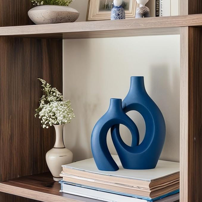 Snuggle Hollow Ceramic Vase Set of 2, 11 inch Hug Donut Modern Nordic Boho Style Vases for Home Decor Anthropologie Aesthetic Living Room Shelf Entryway Table Decorative (Navy Blue)