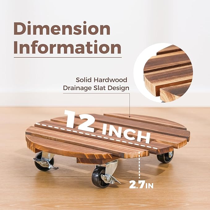 Bamworld Plant Stand Outdoor Rolling Tray Plant Caddy with Wheels 12in Plant Caster with Wheels Planter Caddy Flower Cart Plant Dolly for Heavy Duty Large Plants Plant Rollers (2 Pack )