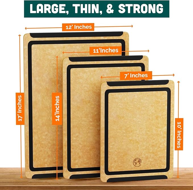Earth’s Dreams Wood Cutting Board Set 3-Piece: Small, Large & Extra Large - Charcuterie Board, Non-Plastic, Non-Toxic, Heavy-Duty, Dishwasher Safe (Tan/Black)