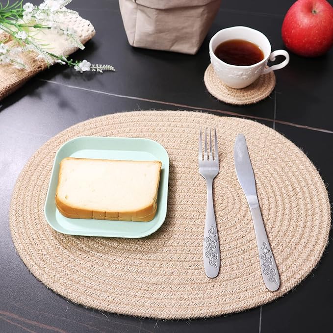 4 Pack Oval Jute Woven Placemats and Set of 4 Round Fabric Coasters, Cotton Braided Placemats Set, Dining Table Mat, Heat-Resistant Pot Holders, Washable Place Mats
