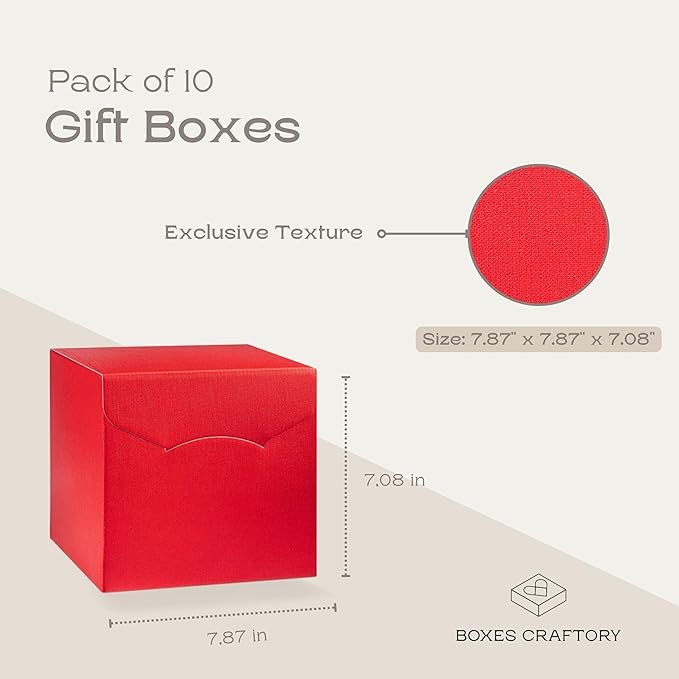 Pack of 10 Gift Boxes With Lids (7.87 x 7.87 x 7.08 inch) - Ideal for Graduation Presents - Red Linen