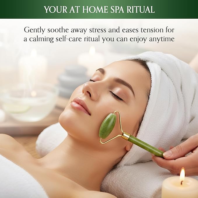 4-Piece Body Roller Jade & Authentic Jade Roller and Gua Sha Set for Face and Body Sculpting, Puffiness Reduction, Lymphatic Support, and Relaxing Spa Massage