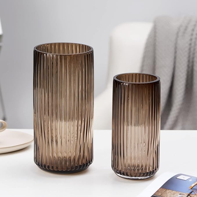 Flower Vase 7.5 inch Amber Thickened Hand Blow Glass Vase Round Vintage Striped Bottles for Bookshelf,Dinner Table,Indoor Office Desktop,Meeting Room,Bathroom,Countertop,Home