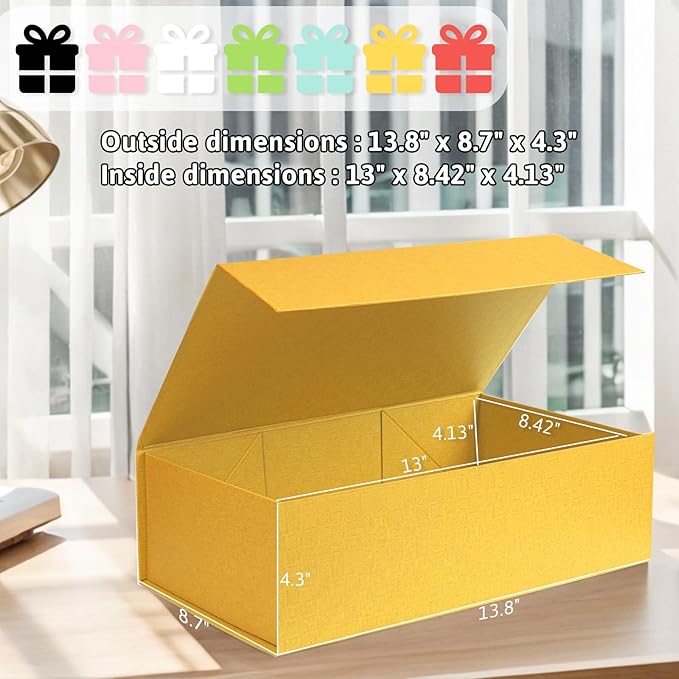 VGOODALL Yellow Magnetic Gift Box, 14x8.7x4.3inches with Lid and Ribbon, Perfect for Bridesmaid Proposals and Party Favors