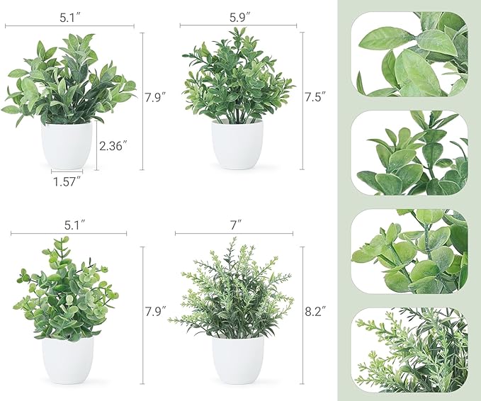 Mkono 4 Packs Fake Plants Mini Artificial Greenery Potted Plants Faux Eucalyptus for Christmas Home Decor Indoor Office Table Shelf Room Bathroom Farmhouse Decor