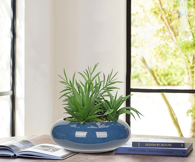 Hollyone Large Artificial Succulents Plants with Blue Vase Faux Succulents Fake Succulent Potted Plant in Ceramic Pot for Home Decor Office Desk Bathroom Living Room Indoor & Outdoor Decorations