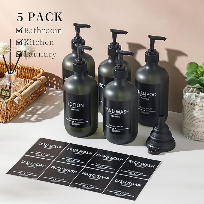 Shower Bottles Refillable with Labels(5Pack Green),Plastic Shampoo Bottles with Pump,Bathroom Bottles with Pump and Labels,Shampoo and Conditioner Bottles