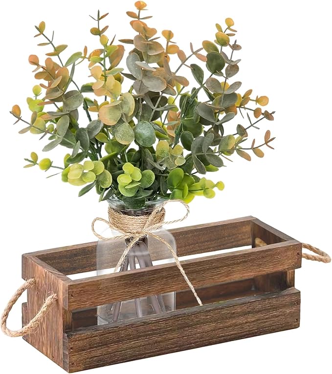 Artificial Eucalyptus Stems in Glass Vase with Faux Water,Combined with Wood Tray Centerpiece Table Decoration,11" Fake Plant with Orange-Green Leaves for Home Decor