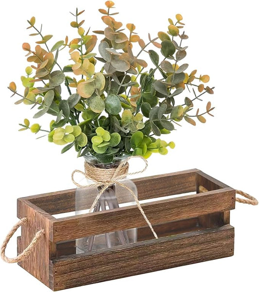 Artificial Eucalyptus Stems in Glass Vase with Faux Water,Combined with Wood Tray Centerpiece Table Decoration,11" Fake Plant with Orange-Green Leaves for Home Decor