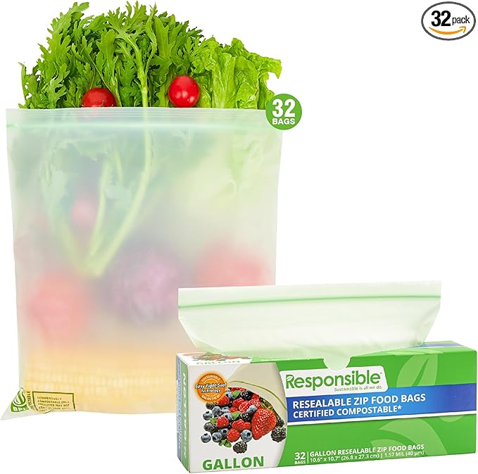 Responsible Products Certified Compostable Large GALLON Resealable Zip Bag, Extra Strength Food Bags, Made from Plant Materials (32 Pack)