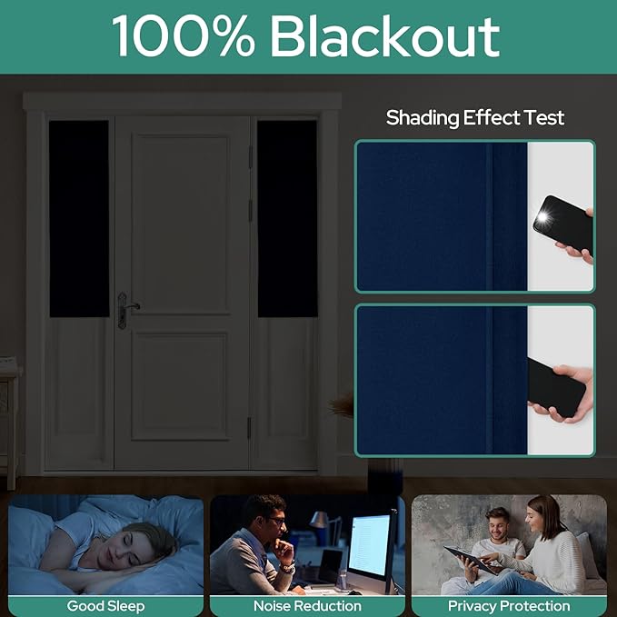 HOMEIDEAS 100% Linen Blackout Sidelight Curtains for Front Door, Side Door Window Curtains, Small Window,Thermal Insulated Covering, 1 Panel, W12 X L40 Inch, Navy