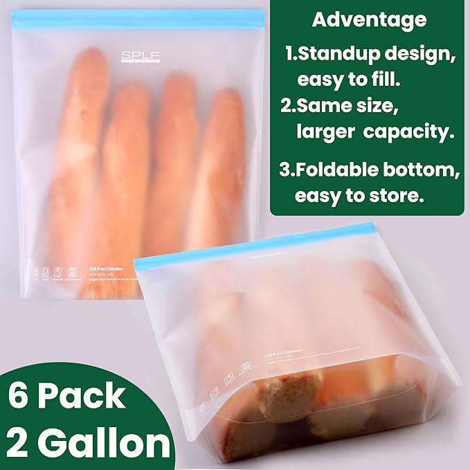 SPLF 6 Pack Stand-Up Reusable 2 Gallon Freezer Bags Dishwasher Safe, Reusable Freezer Bags 2 Gallon, Leakproof BPA Free Food Storage Bags for Marinate Meat, Veggies, Homemade Bread, Snack, Travel Item