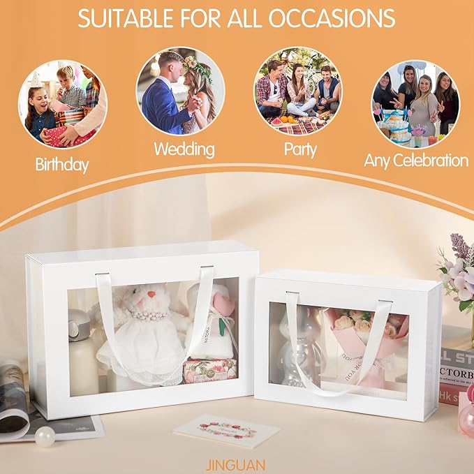 Large White Clear Gift Box, 13.5x9x4.1 Inches Gift Box with Window by Handle, Bridesmaid Proposal Box, Collapsible Gift Box with Magnetic Closure (Glossy White, 1 Pack)