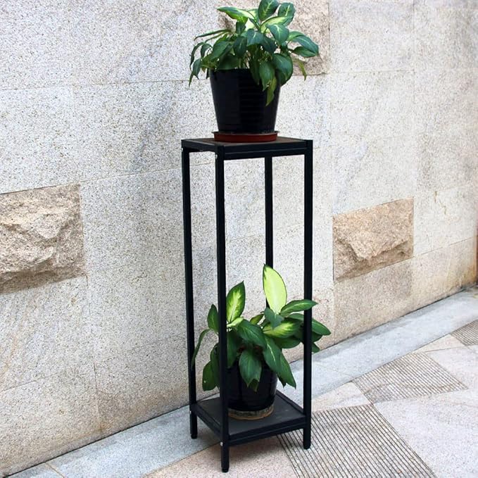 Zhongma 2 Tier 39.5" Tall Plant Stand with Slate Top, 12.4 x 10.63 x 39.5 inches, Square Flower Shelf for Balcony, Home, Garden, Backyard Patio with Adjustable Leveling Feet