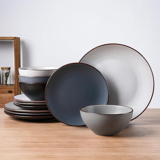 Famiware Venus Plates and Bowls Sets, 12 Pieces Stoneware Speckled Dinnerware Sets, Dishes Set for 4, Microwave and Dishwasher Safe, Matte Multi-color