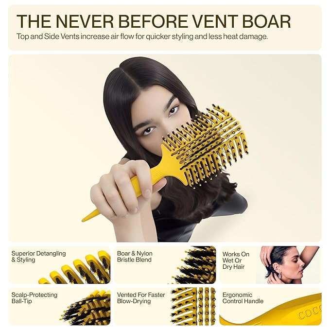 COCCO Aura Vent Boar Brush | Vented Dual-Curved Design for Faster Drying, Effortless Detangling & Shine, Boar + Nylon Bristles, Ergonomic Comfort Handle for Wet & Dry Hair Styling - Yellow