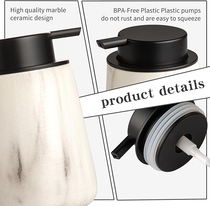 Enra Ceramic Soap Dispenser,12 oz Marble Lotion Dispenser Bathroom Liquid Refillable Hand Soap Dispenser for Bathroom Kitchen with Easy-to-Press Pump(Marble Liquid Type)