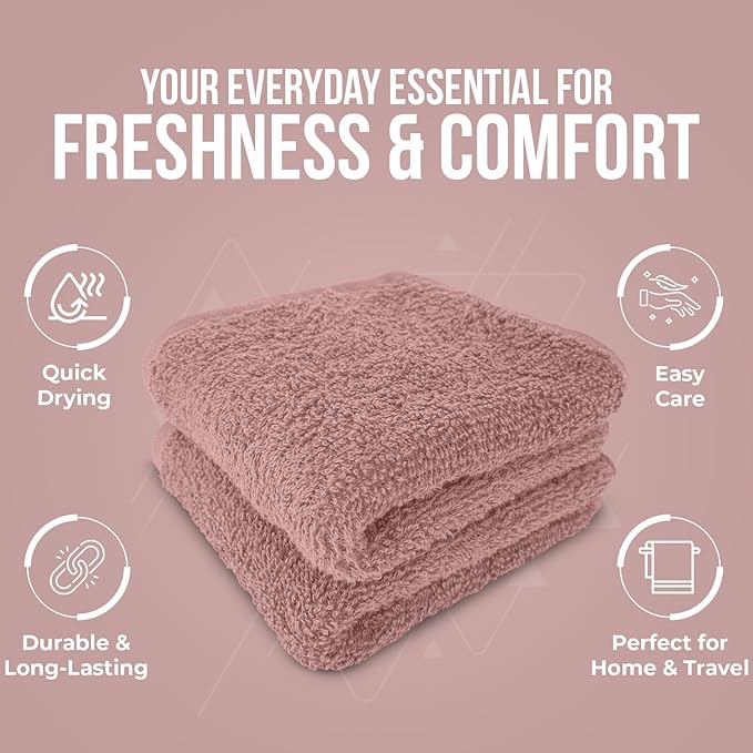 DAN RIVER 100% Cotton Wash Cloths 24 Pack [12x12] Soft & Absorbent face Towel for Showering, Gym, Hotels & Spa Perfect for Everyday Use Fingertip Towels, Dusty Pink