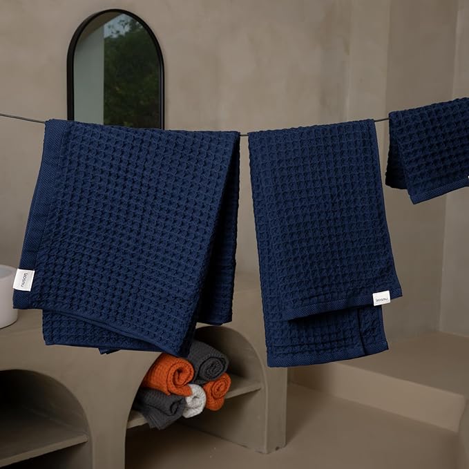 Luxury Japanese Cotton Waffle Bath Towel | Plush, Absorbent, and Quick Dry | Free Storage Bag Included (Ocean Blue, Bath Towel (55" x 34"))