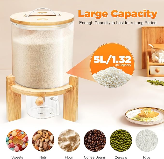 5L Cereal Dispenser, Clear Glass Grain Storage Container, Dry Food Dispenser, Rice Bin Organizer with Graduated Measuring Cup for Home Kitchen Breakfast Market