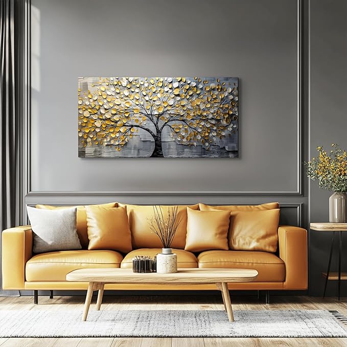 crmotu Tree of Life Large Wall Art, Neutral Golden Tree Canvas Art Prints, Gray and Gold Modern Home Decor Aesthetic Painting, Abstract Pictures Wall Decor Living Room Bedroom Bathroom Office 20"X40"