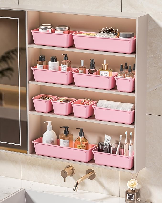 25 PCS Plastic Drawer Organizers Set, 4 Sizes Vanity Organizer, Makeup and Desk Drawer Organizer Trays, Organization and Storage for Makeup, Bathroom, Kitchen Utensils and Office (Pink)