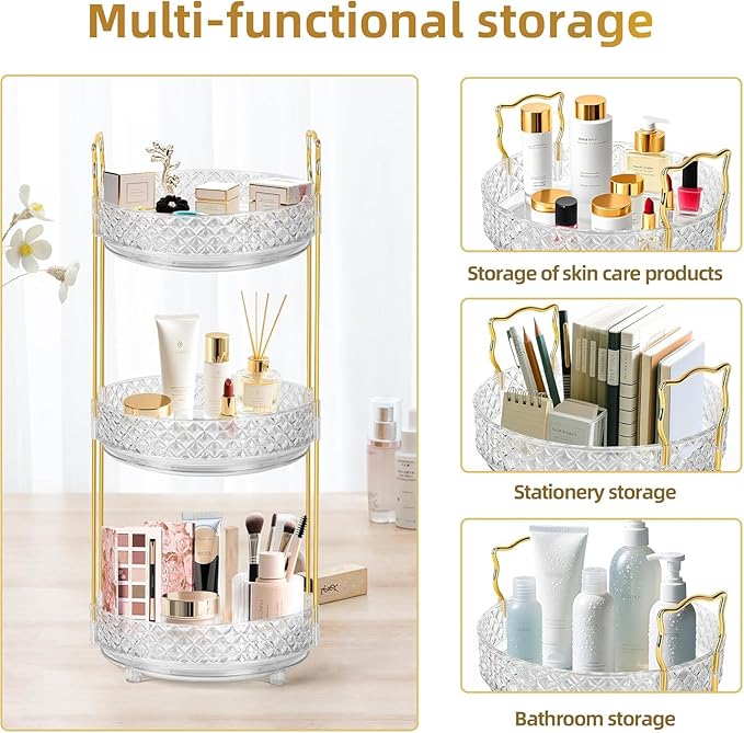 360 Rotating Rotating Makeup Organizer for Vanity, 3 Tier Perfume Skincare Organizers and Storage for Bathroom Countertop, Clear Spinning Counter Cosmetic Holder for Dresser,Clear