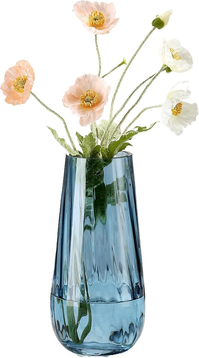 Modern Large Glass Vase H-9.8" Blue Vases for Flowers, Centerpieces and Decorative Accents - Tall Plant Vase for Office Home Table Decor