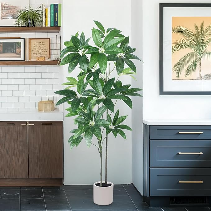 Artificial Fortune Tree - 5 FT Fake Tree with White Planter - Large Faux Plants Indoor Outdoor - Artificial Plants Indoor pots for Home Office Living Room Decor