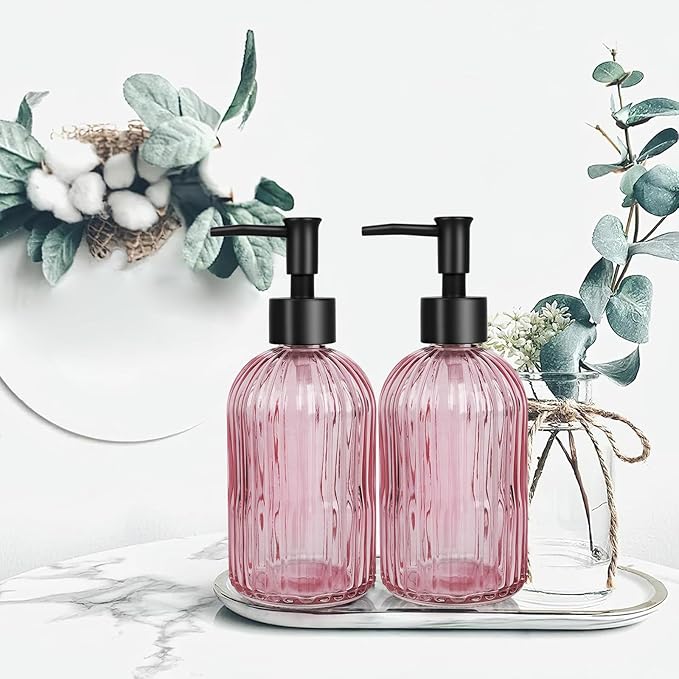 Glass Soap Dispenser with Plastic Pump, Hand Soap Dispenser for Hand Wash, Lotion Dispenser for Dishwashing Liquid, Lotion Shower Gel (Striped Pink)