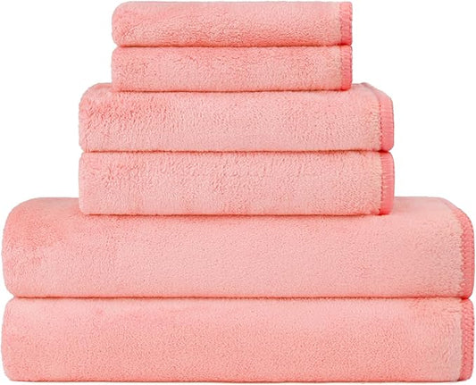 Orighty 6-Piece Towel Set - Soft & Lightweight - 2 Bath Towels, 2 Hand Towels, and 2 Wash Cloths - Absorbent & Quick Drying Microfiber Towel for Multipurpose, Bathroom, Gym, Sport, Yoga, Travel - Pink
