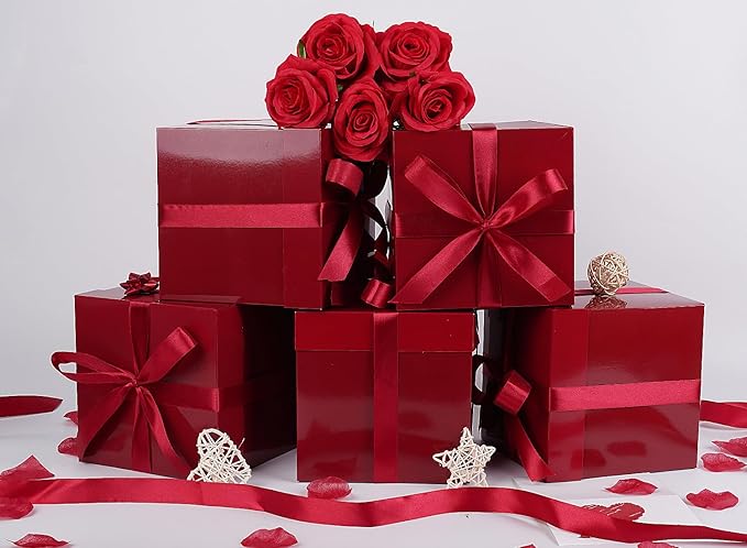 Jaywayang 5 Pack Red Gift Boxes with Lids, Ribbons and Tissue Papers Square Gift Boxes - 7.1 Inch - Christmas Presents Wrapping, Valentine's Day Decoration Party Favor Boxes.