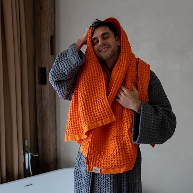 Luxury Japanese Cotton Waffle Bath Towel | Plush, Absorbent, and Quick Dry | Free Storage Bag Included (Coral Orange, Bath Towel Set (3-Piece))