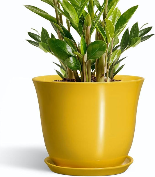 Ceramic Planter - 10 Inch Plant Pot for Indoor Outdoor, Round Flower Pots with Drainage Hole and Saucer, Large Plant Pot, Modern Planters, Home Room Decor, Gifts for Plants Lovers, Yellow