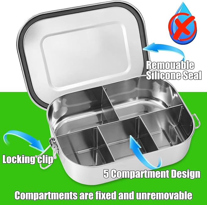 UPTRUST Stainless Steel Bento Lunch Food Box Container, 5-Compartment Large 1400ML Metal Bento Lunch Box Container for Kids or Adults with Lockable Clips to Leak Proof