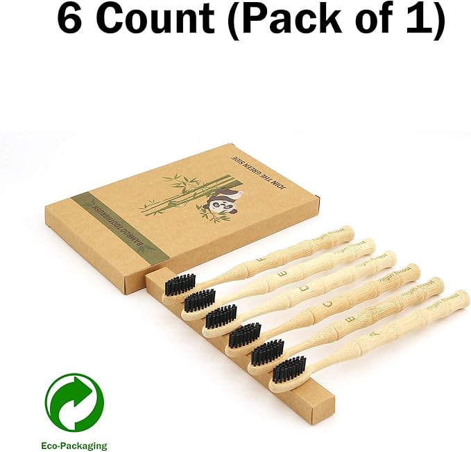 Virgin Forest Bamboo Toothbrush, Vegan Natural ECO Friendly Wood Toothbrushes, Biodegradable Organic Charcoal Tooth Brush, Pack of 6