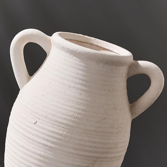Large Ceramic Rustic Vase with 2 Handles, 9.8 inch Farmhouse Flower Vase, Minimalist for Home Decor, Living Room, Shelf Decor, Pampas Grass, Enterway, Table Decoration, Gift, Off White