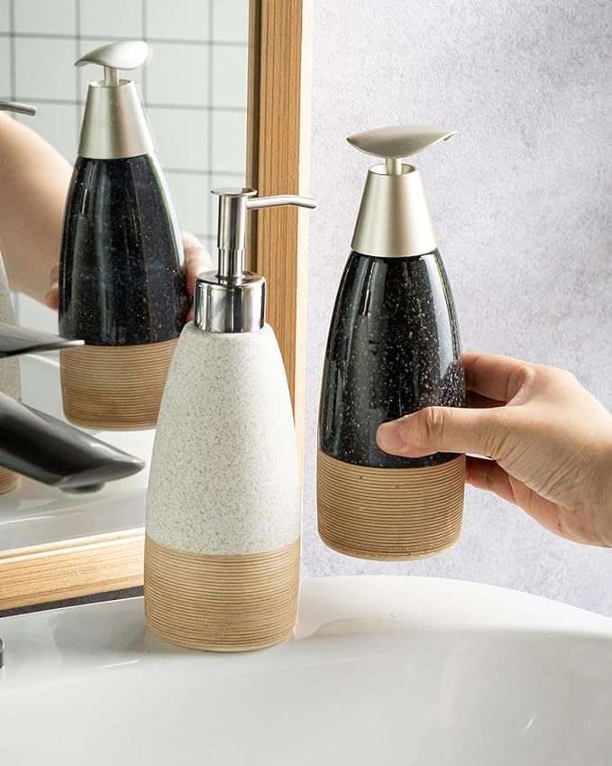 12oz Dish Soap Dispenser with 2 Pumps for Hand Soap, Shampoo, Lotion, Conditioner, Ceramic Refillable Soap Bottle with Silicone Funnel for Thanksgiving, Christmas Bathroom, Kitchen, Speckled White